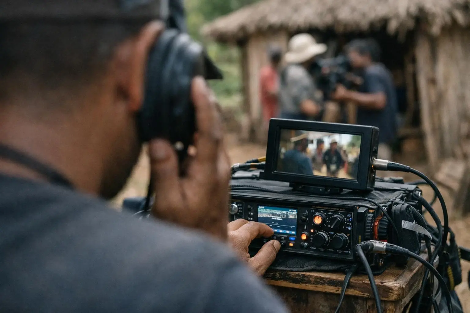 Direct sound recording in Film production Madagascar: Direct sound recording grabs audio on set while filming. Mics and re...