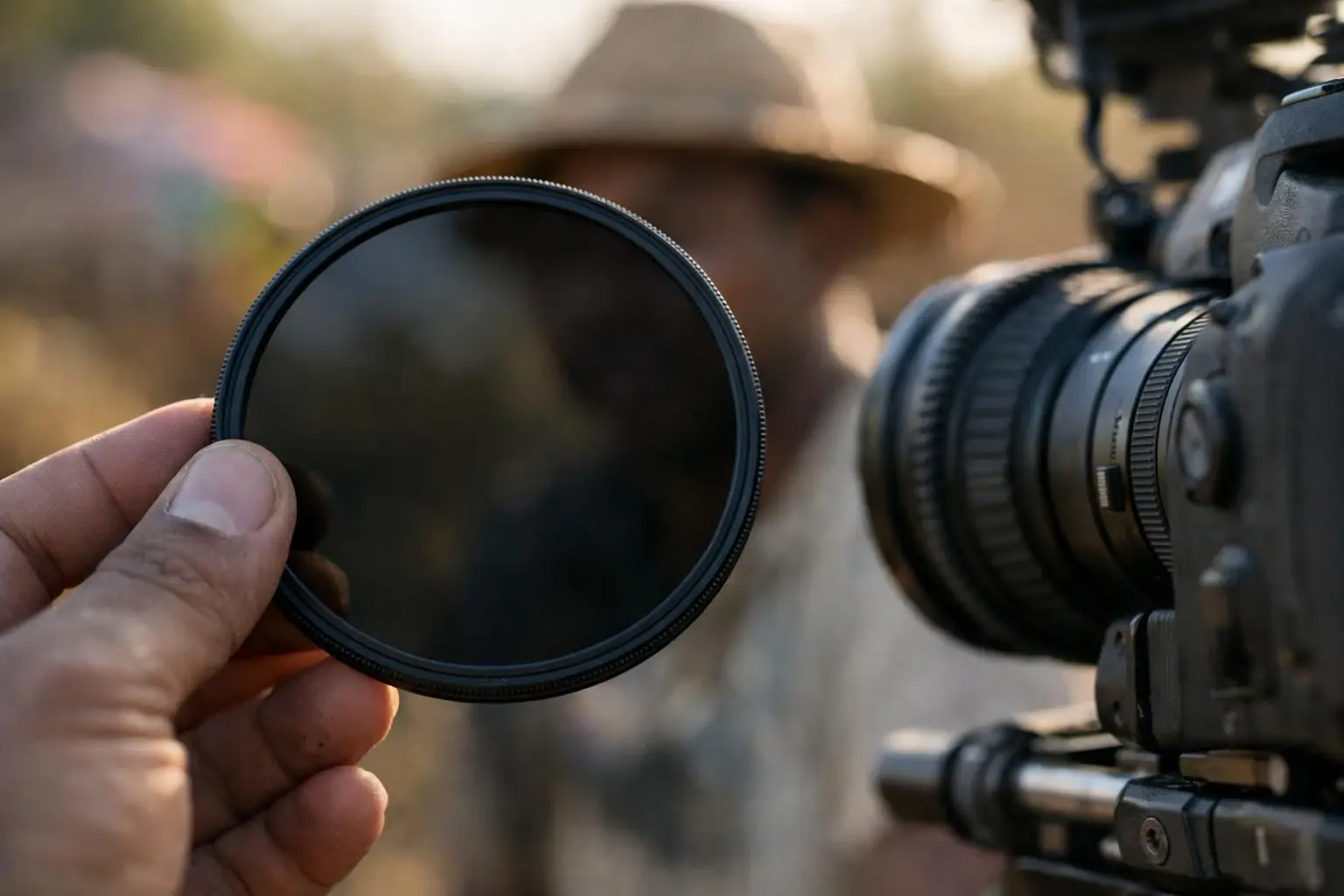 ND filter in Film production Madagascar: An ND filter is a glass piece you put in front of—visual guide